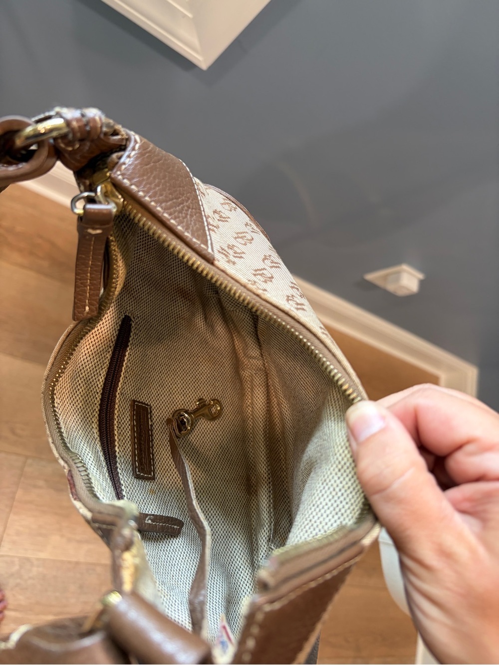 Dooney & Bourke DB Monogram Canvas Leather Shoulder Bag Brown Hobo Purse - Picture 10 of 11